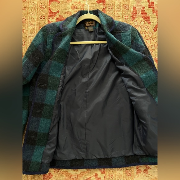 Vintage 90s Eddie Bauer wool plaid check lined blazer coat jacket blue green - Picture 3 of 8